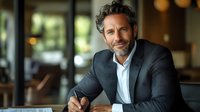 Confident mature businessman with gray hair in suit signing documents at restaurant. Professional executive portrait showing success and leadership.