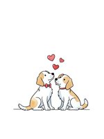 Two adorable puppies sitting together with floating red hearts above them on white background for romantic pet designs and Valentine's Day projects.