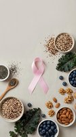 Pink ribbon surrounded by healthy superfoods including quinoa, chia seeds, blueberries, kale, almonds and walnuts on neutral background for cancer awareness.