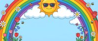 Cheerful cartoon sun with sunglasses under colorful rainbow arc with white clouds, flowers, butterflies and bees on light blue sky background.