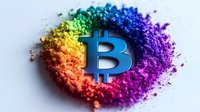 Glowing bitcoin symbol surrounded by vibrant rainbow colored powder explosion on white background, cryptocurrency concept for financial technology.