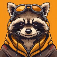 Stylized raccoon character wearing aviator goggles and orange hoodie jacket against vibrant orange background, mascot design for gaming and sports branding.