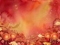 Red and gold watercolor background with traditional lanterns, ornamental flourishes, and floating clouds for festive celebrations and holiday designs.