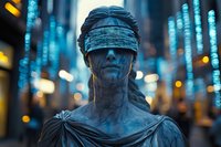 Blindfolded stone statue with draped clothing against futuristic city lights and glowing blue columns creating mysterious cyberpunk atmosphere at night.