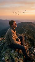 Man sitting on mountain peak at sunset watching birds fly over misty valleys below, contemplative outdoor adventure and nature exploration scene.