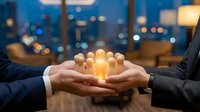 Business hands protecting glowing human figures symbolizing employee care, team leadership and corporate responsibility in modern office environment.