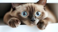 Siamese cat with striking blue eyes peering through gap, close up portrait showing paws and curious expression against light background.