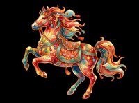 Ornate rearing horse with vibrant folk art patterns, isolated on transparent background, ready for t-shirt design, stickers, clipart, and print on demand use.