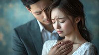 Asian couple in romantic pose, bride in white lace dress and groom in dark suit against blurred blue background, intimate emotional moment captured in soft lighting.