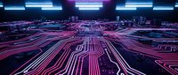 Futuristic digital circuit board landscape with glowing neon pink and blue pathways creating electronic highway network for technology and cyberpunk designs.