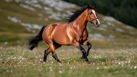 Bay horse galloping freely through wildflower meadow, mane and tail flowing in wind, displaying power and grace in natural mountain landscape setting.