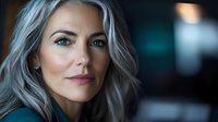 Professional mature woman with silver gray hair and confident expression in modern office environment for business and corporate marketing materials.