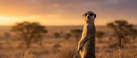 Meerkat standing upright on guard in golden savanna at sunset, warm dramatic sky and dry grassland in soft background focus.