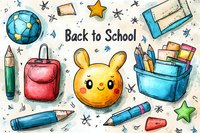 Cute watercolor back to school pattern with kawaii bunny character, backpack, globe, pencils and stars on white background. Educational supplies for children.