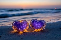 Glowing purple heart decorations on sandy beach at sunset with ocean waves in background. Romantic coastal scene with illuminated Valentine ornaments.