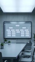 Modern conference room with organizational chart displayed on wall-mounted screen for business meetings and corporate planning sessions.