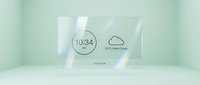 Transparent glass display showing digital clock at 10:34 with weather icon and temperature reading, modern minimalist design for tech interface mockups and app presentations.