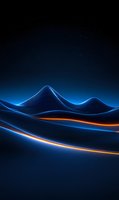 Abstract digital landscape with glowing blue wireframe mountains and orange light trails against dark background. Futuristic terrain visualization for technology concepts.