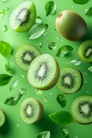 Fresh kiwi slices and whole fruits with green leaves and water drops floating on bright green background, dynamic food composition for healthy eating concept.