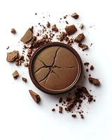 Broken brown pressed powder makeup compact with scattered fragments and powder debris on white background, shot from above for cosmetic advertising.