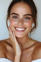Young Caucasian woman with freckles and natural makeup smiling broadly while touching her face, wearing white towel, showcasing clean glowing skin and bright smile.