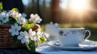 Delicate white spring blossoms in wicker basket next to porcelain teacup with floral pattern, sunlit garden setting with soft bokeh background creates serene atmosphere.