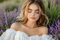Young Caucasian woman with blonde wavy hair and closed eyes wearing white off-shoulder dress poses serenely in blooming lavender field on sunny summer day.