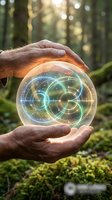 Hands protecting glowing digital sphere with network connections in forest environment representing technology conservation and environmental protection.