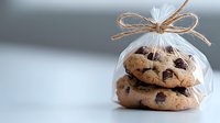Freshly baked chocolate chip cookies wrapped in clear cellophane bag with rustic twine bow, perfect for gifting or party favors. Selective focus on homemade treats.