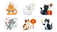 Cartoon cats celebrating with confetti, champagne, and gifts, isolated on white background. Perfect for party invitations, greeting cards, and festive design projects.