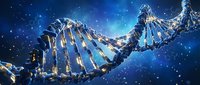 DNA double helix structure with glowing elements against starry blue space background for scientific research and biotechnology applications.