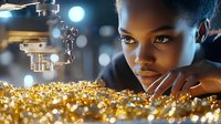 Young African American woman jeweler examining golden jewelry pieces through microscope in workshop with dramatic lighting and bokeh effects in background.