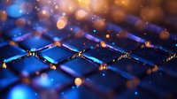 Illuminated keyboard with blue backlight and bokeh effect creates atmospheric tech mood, close-up view shows detailed key structure with soft focus and glowing particles.