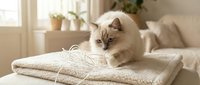 Fluffy cream-colored cat with blue eyes resting on a knitted beige blanket in a bright, minimalist living room with natural sunlight and potted plants.