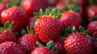 Fresh ripe strawberries with vibrant red color and green leaves in macro shot showing detailed texture and natural pattern of berries for food design.
