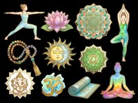 Yoga and meditation icons set with poses, chakra symbols, om sign, lotus flower, prayer beads, sun mandala, and meditation mat isolated on transparent background for t-shirt design, clipart, stickers.