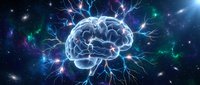 Digital brain with electric neural networks and lightning bolts in cosmic space background for neuroscience, artificial intelligence and technology concepts.