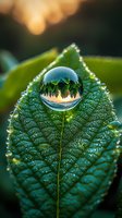 Crystal clear water drop on green leaf reflects forest landscape at sunrise, with morning dew drops creating natural bokeh effect in macro photography.