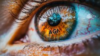 Extreme macro photography of human eye with striking amber and turquoise colors. Detailed view shows intricate iris patterns, eyelashes and reflections. For medical or artistic use.