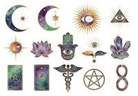 Mystical and spiritual symbols collection featuring crescent moons, suns, eyes, lotus flowers, hamsa hands, tarot cards, caduceus, pentagram and infinity signs isolated on white background for design projects.