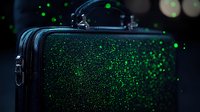 Glowing green particles scattered on dark leather briefcase surface creating magical sparkle effect in low key lighting, mysterious business concept.