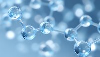 Molecular structure with connected transparent spheres on blue background with bokeh effect, representing scientific research and chemical bonds.