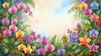 Colorful orchid garden frame in watercolor style with lush tropical foliage and copy space in the center for text or design.