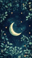 Magical night sky with crescent moon and golden stars framed by green leaves against deep teal background. Dreamy celestial illustration for fairy tale designs.
