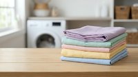 Stack of colorful folded towels on wooden table in modern laundry room with washing machine and shelves in background for household cleaning concepts.