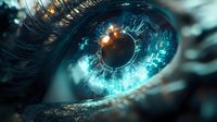Futuristic cyber eye with glowing blue digital iris and technological patterns, representing artificial intelligence and biometric scanning technology.