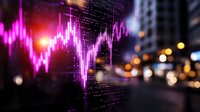 Glowing pink financial chart data visualization with blurred urban night cityscape background and bokeh lights showing market analysis trends.