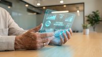 Senior male professional holding transparent tablet displaying holographic business analytics dashboard with charts and data visualizations in modern office environment for corporate technology solutions.