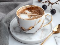 Elegant white marble coffee cup with gold accents filled with frothy cappuccino, cocoa powder dusting on top, served on matching saucer with golden spoon.
