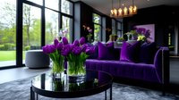 Modern luxury living room interior with deep purple velvet sofa, fresh tulips in vase, round black coffee table and floor-to-ceiling windows overlooking garden landscape.